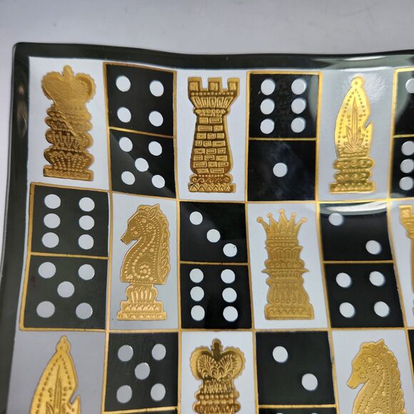 Rare Cera Glass Square Trays Set 2 24K Gold Games Chess Dominoes Smoky1950s MCM - Picture 8 of 9